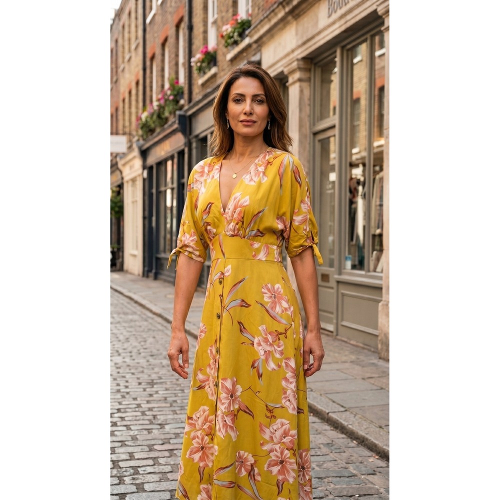 Spring Maxi Dress XL Chartreuse‎ Floral Chiffon Romantic Back Tie